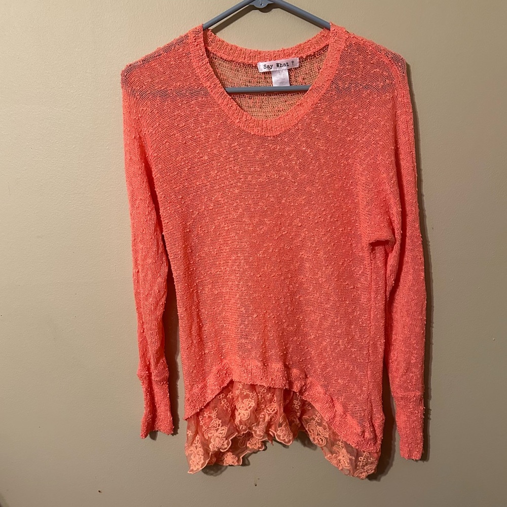 Say What? Women's Coral Knit Top with Lace Hem, size Large, lace intact